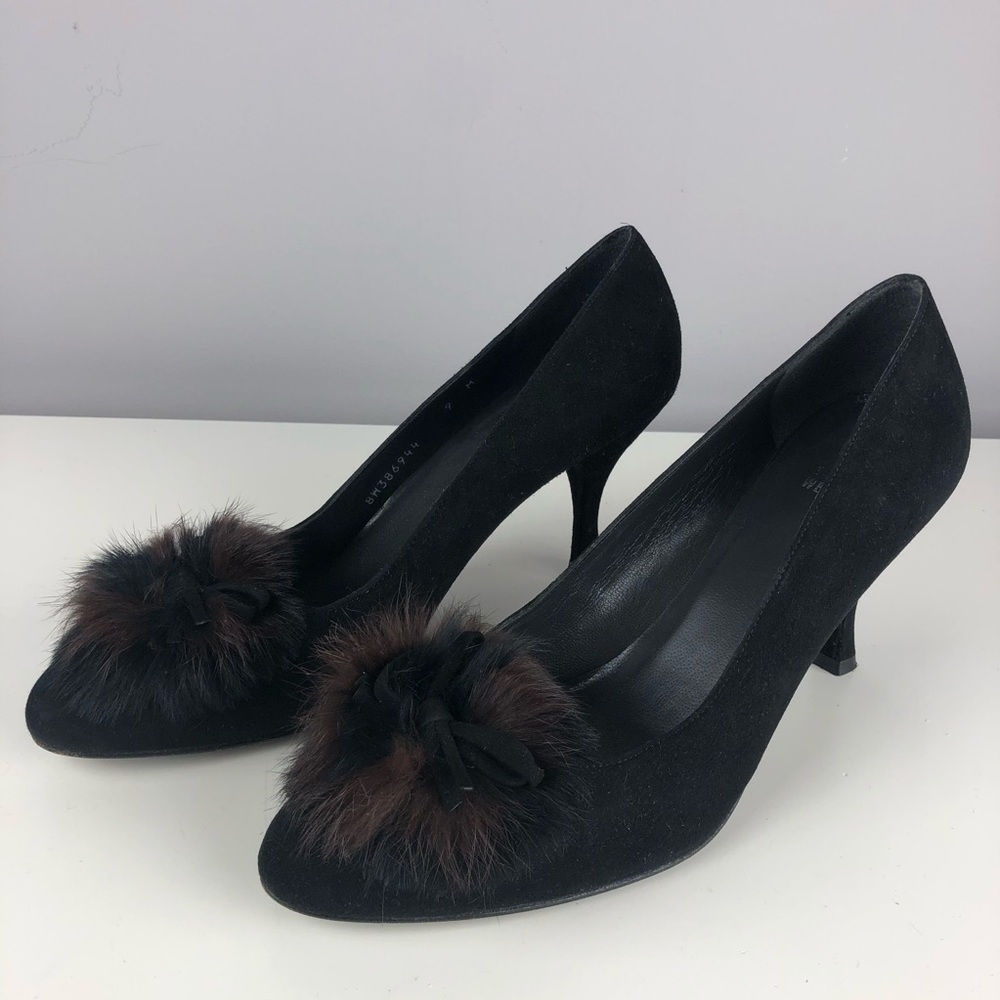 Stuart Weitzman Fur Poof Suede Pumps - Size 9